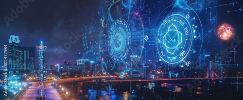 montage of astrological symbols projected onto urban landscapes at night, like zodiac signs glowing on city bright walls, celestial patterns over bridges,