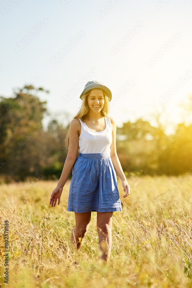 Thinking, smile and girl in countryside for vacation, holiday and travel in nature field outdoor in Germany. Dream, meadow and happy woman or tourist at garden park for summer trip on mockup space