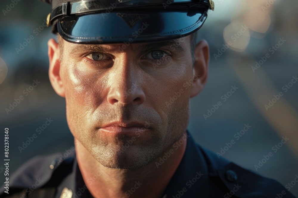 Close up of a man in a police uniform, suitable for law enforcement concepts Close up of a man in a police uniform, suitable for law enforcement concepts