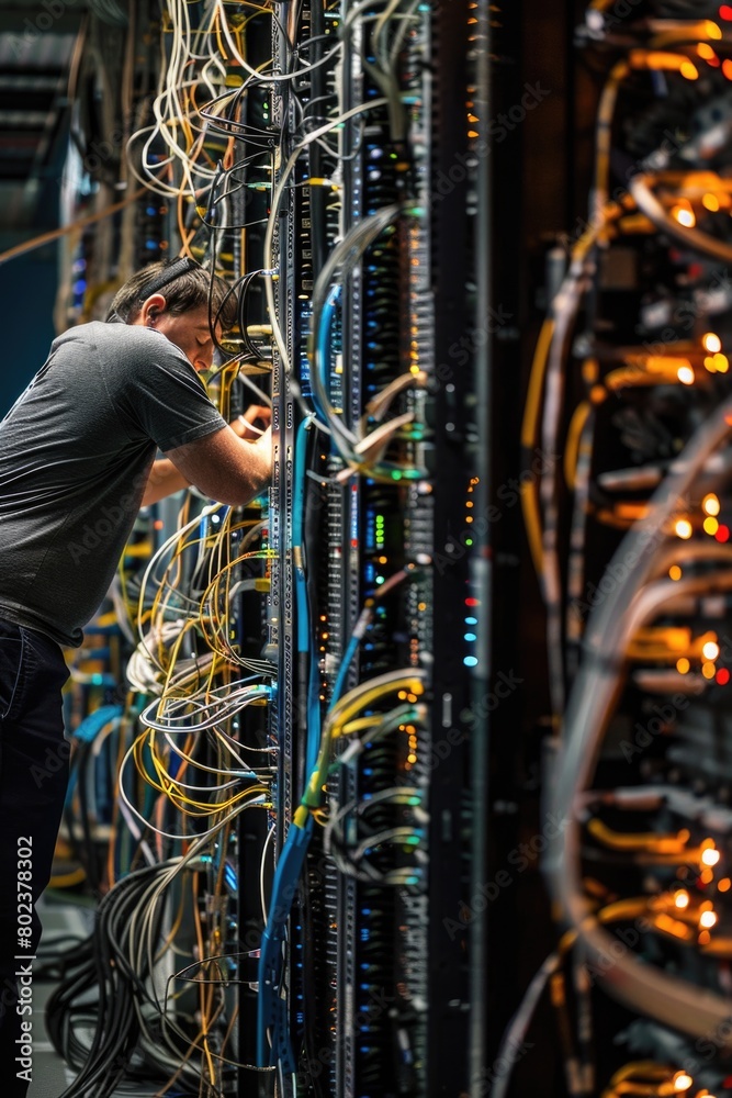 A man working on a server in a server room. Suitable for technology concepts