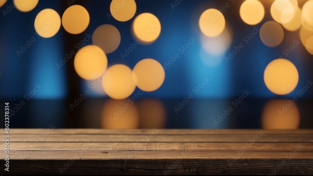 Empty wooden table in front of abstract bokeh lights blue background.