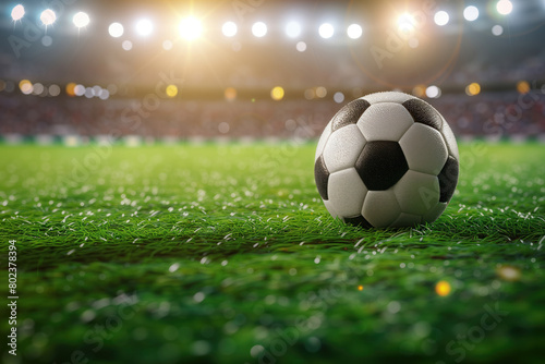 An soccer ball lying on grass at stadium is blurred in background. AI Generative