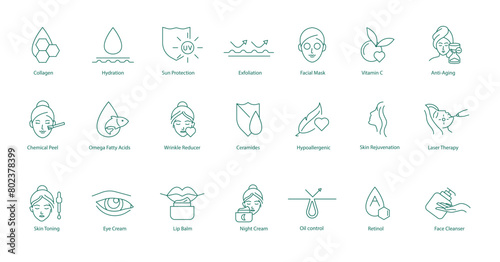 Comprehensive Skincare Icon Set: Collagen, Hydration, Sun Protection, Exfoliation, Facial Mask, Vitamin C, Anti-Aging, Chemical Peeling, Omega Fatty Acids, Wrinkle Reducer, Ceramides, Hypoallergenic photo
