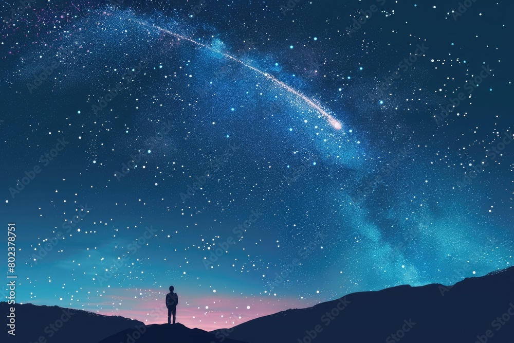 Person standing on top of a mountain under a sky full of stars. Perfect for outdoor adventure or stargazing concepts Person standing on top of a mountain under a sky full of stars. Perfect for outdoor adventure or stargazing concepts