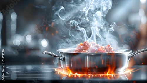 Using nonstandard cooking equipment can cause dangerous short circuits and fires. Concept Kitchen Safety, Nonstandard Equipment, Fire Hazards, Electrical Risks, Cooking Precautions photo