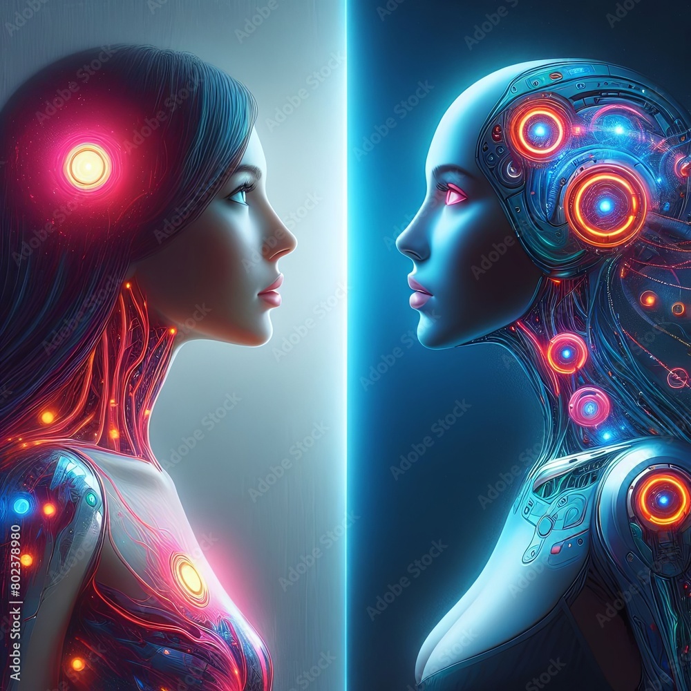 Woman opposite AI. The concept of confrontation between humanity and artificial intelligence Woman opposite AI. The concept of confrontation between humanity and artificial intelligence