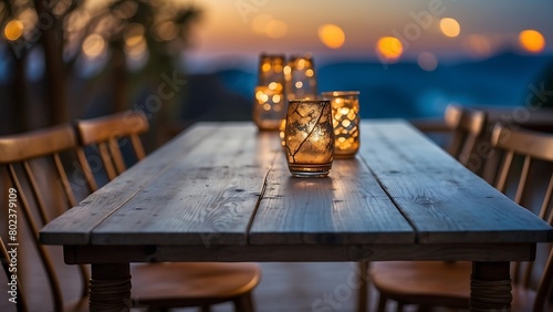 glass on a wooden table in a restaurant at sunset