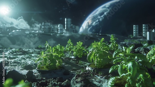 Plants growing on the moon with the Earth in the background