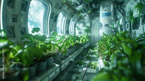 Fototapeta Naklejka Na Ścianę i Meble -  plants growing in zero gravity inside a spaceship
