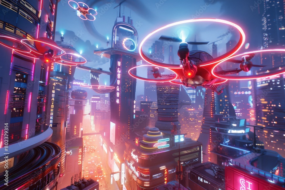 Experience the vibrant hustle of a cybernetic megacity, where flying cars streak through neon-lit skyscrapers in a hyper-realistic VR simulation. Experience the vibrant hustle of a cybernetic megacity, where flying cars streak through neon-lit skyscrapers in a hyper-realistic VR simulation.