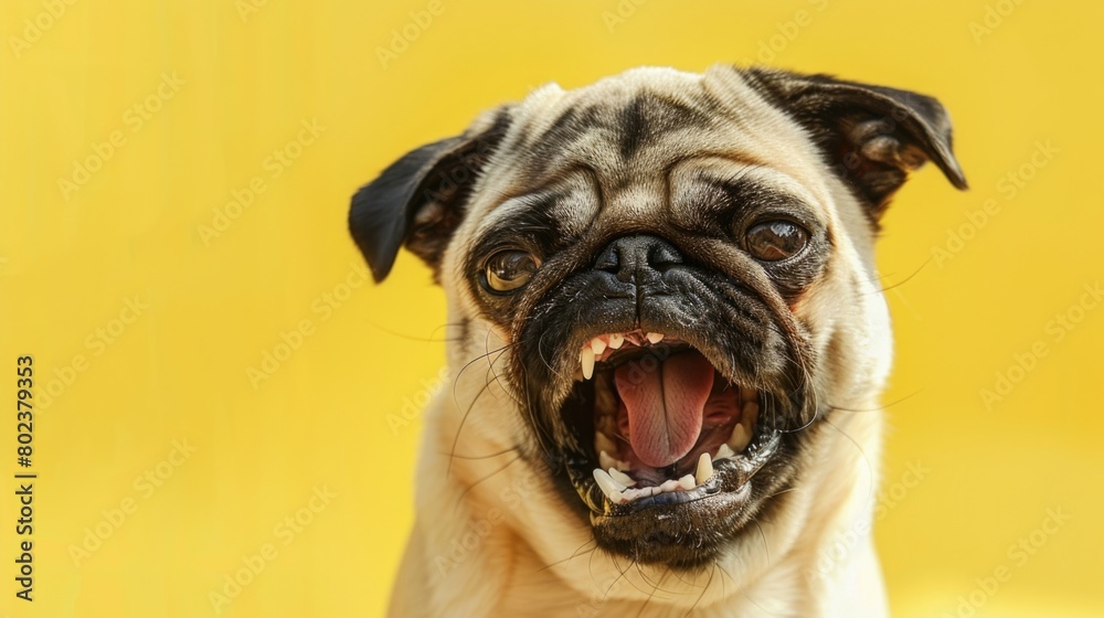 A cute pug dog with its mouth wide open. Perfect for pet lovers