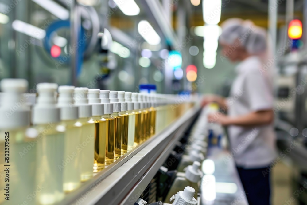 Fototapeta premium A man working among bottles of oil. Suitable for industrial concepts