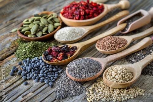 Table With Wooden Spoons Filled With Different Seeds