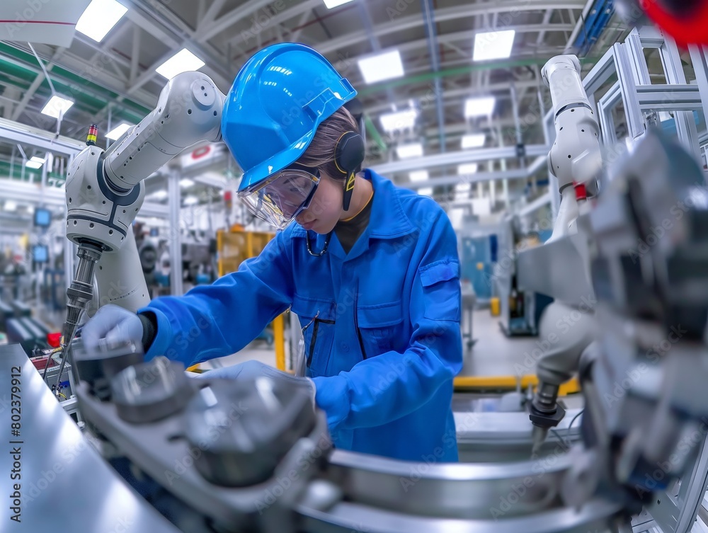 A focused engineer in safety gear operates an advanced robot arm in a modern manufacturing plant.