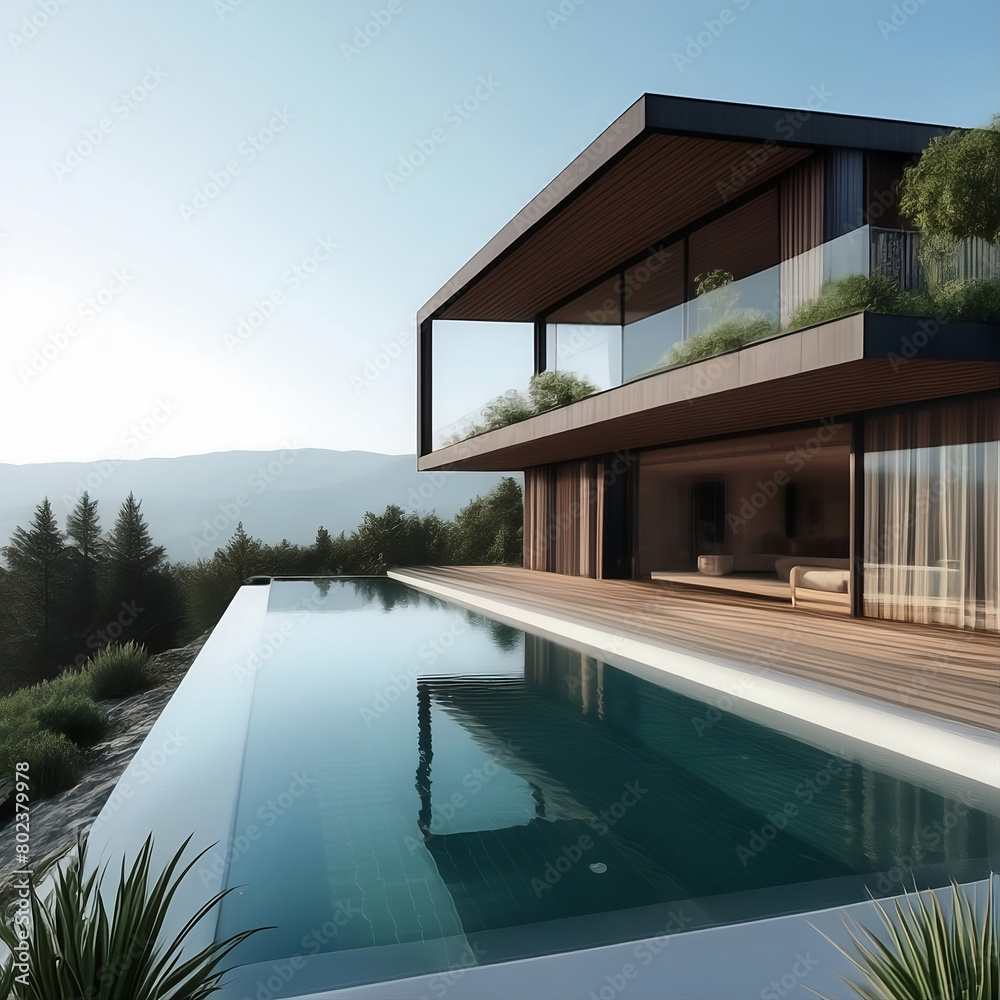 Fototapeta premium Chalet de lujo, con una infinity pool.