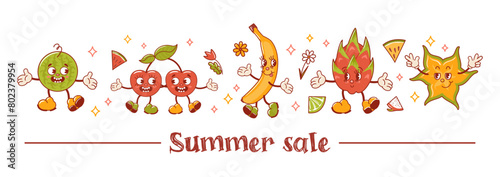 Summer sale. Tropical exotic fruits. Old retro cartoon characters. Groovy. Banana, watermelon, Cherry, pitahaya, star fruit. Horizontal banner in vintage style. For advertising, website, poster, flyer