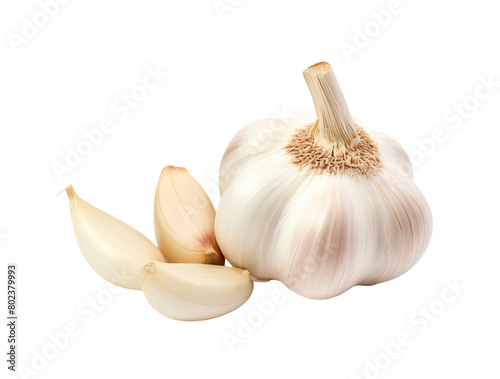A whole garlic bulb with individual cloves peeled open, displayed on a transparent background. Generative AI
