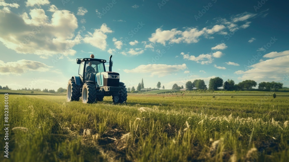 Fototapeta premium A blue tractor works in the field in summer, copy space.