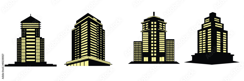 Collection of skyscrapers silhouette isolated. Hand drawn vector art.