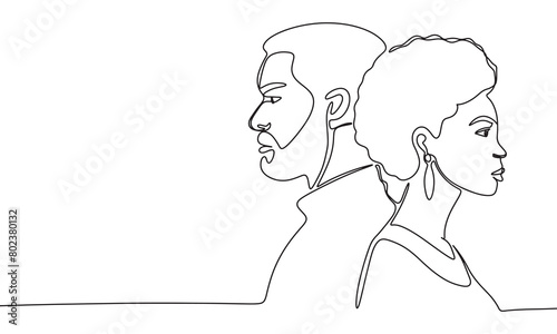 African man and woman profile, one line continuous. African people line art. Hand drawn vector art.