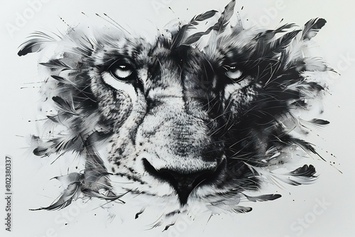 Hand drawn portrait of a tiger with feathers in black and white