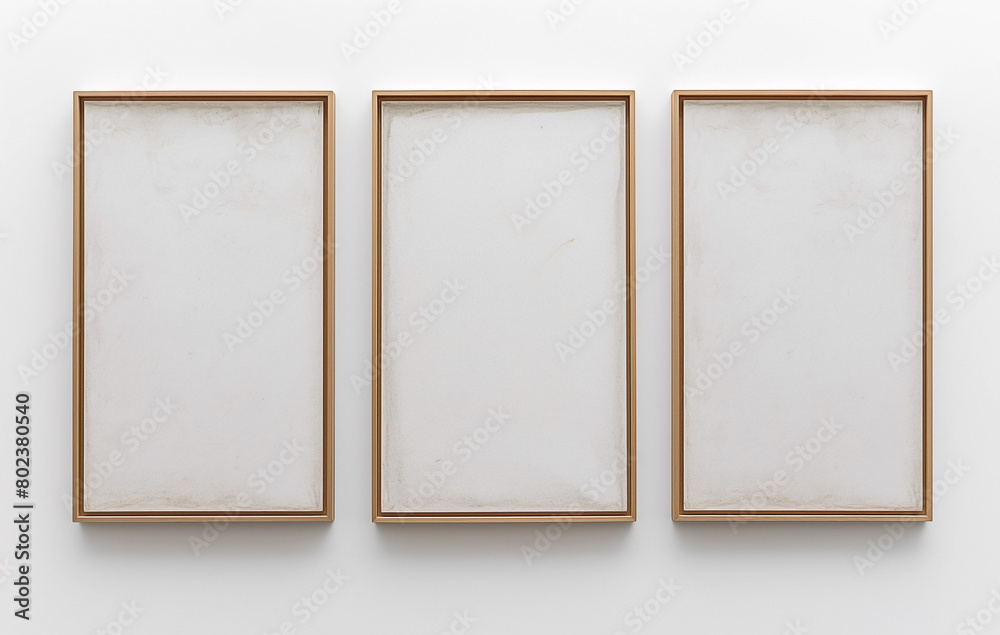 3d Realistic three picture frames in wooden on white background, space for text, front view mockup 3d Realistic three picture frames in wooden on white background, space for text, front view mockup
