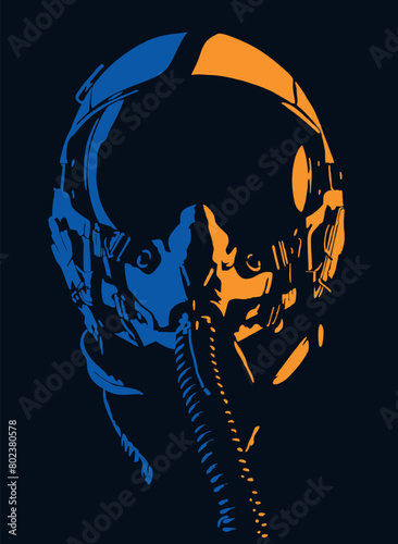 Isolated, high contrast, blue and orange, fighter plane pilot with helmet, Vector illustration.