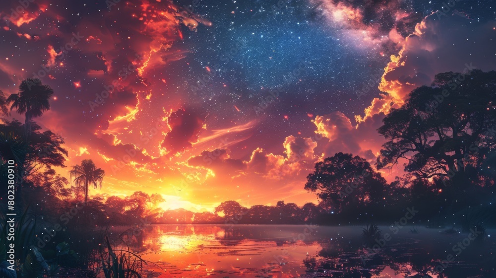 The sky is filled with bright, picturesque clouds and stars, creating the impression of a fusion of day and night. The reflection of the sky on the surface of the lake enhances the beauty of the scene The sky is filled with bright, picturesque clouds and stars, creating the impression of a fusion of day and night. The reflection of the sky on the surface of the lake enhances the beauty of the scene