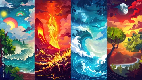 Illustrations of the four zodiac elements Fire, Water, Air, Earth interacting with their corresponding zodiac signs in natural settings, photo