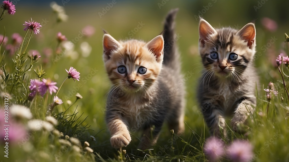 Cute little kittens sitting in the meadow with daisy flowers 
