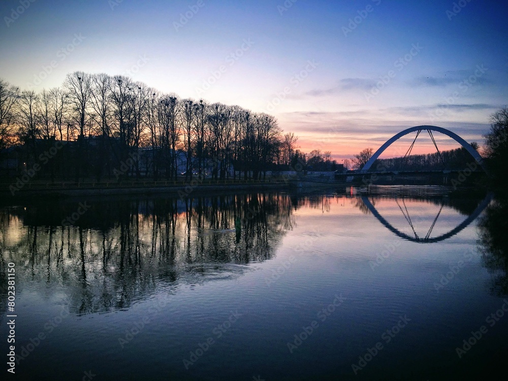 Sunset over the Emajõgi river with the Vabadussild bridge, Tartu, Tartumaa, Estonia, April 2019