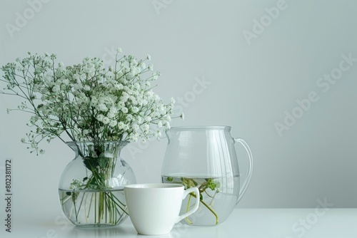 A vase of flowers and a cup of coffee on a table. Perfect for home decor or lifestyle blogs