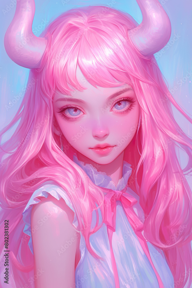 Pink-Haired Fantasy Character with Horns