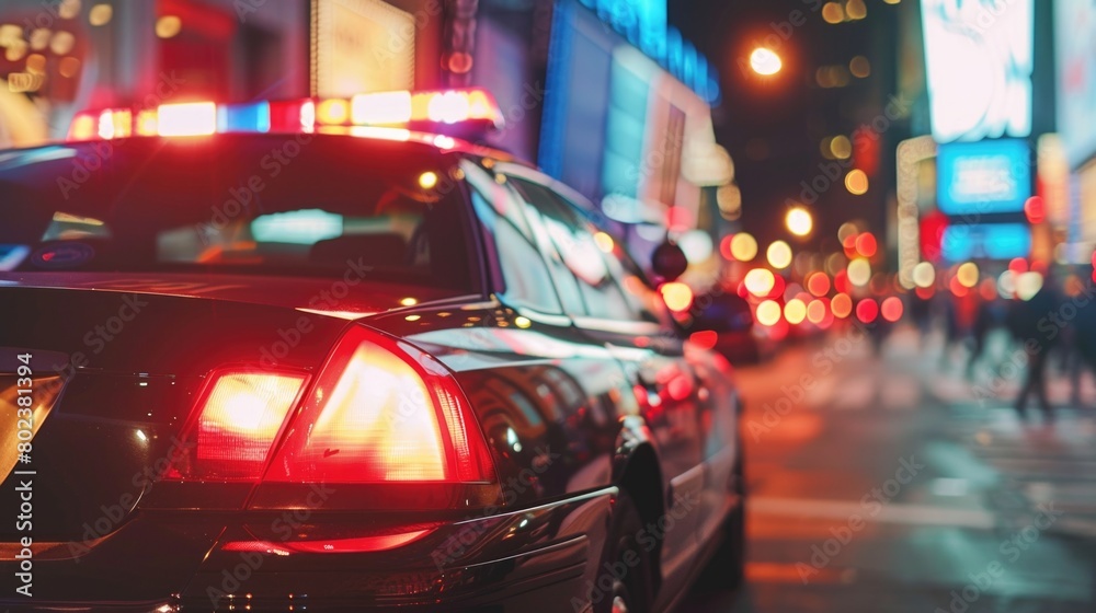 A police car parked on a city street at night. Suitable for crime and safety concepts