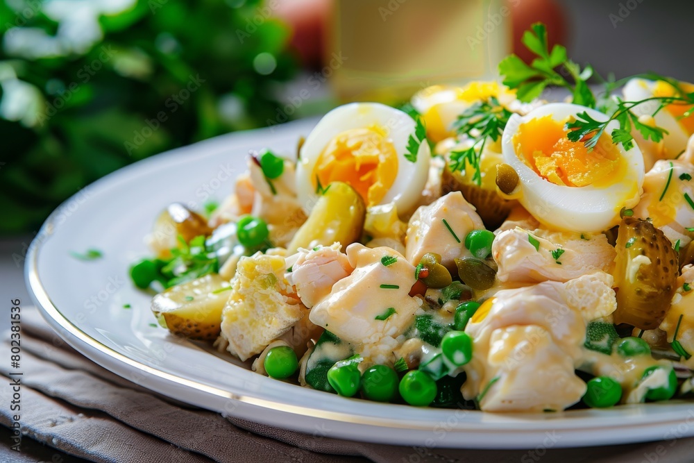 Classic Olivier Salad, Traditional Christmas salat or Stolichny Salad with Chicken Fillet, Quail Eggs Classic Olivier Salad, Traditional Christmas salat or Stolichny Salad with Chicken Fillet, Quail Eggs