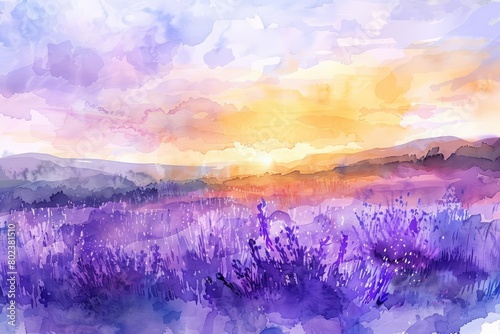 A lovely watercolor painting of a lavender field at sunset, the colors blending softly across the horizon, Clipart minimal watercolor isolated on white background