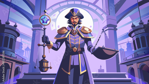 Steampunk illustration for the Justice Tarot card.in his hands are scales and a sword.The design of the tarot card of the senior arcana. Hand-drawn cartoon linear flat style. Justice.