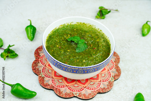 Mint and Green Chilli Sauce, Made with Tamarind Mint Coriander and Spices. Podina Chatni