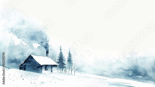 A simple watercolor painting of a snowy cabin  smoke rising from the chimney against the stark white landscape  Clipart minimal watercolor isolated on white background