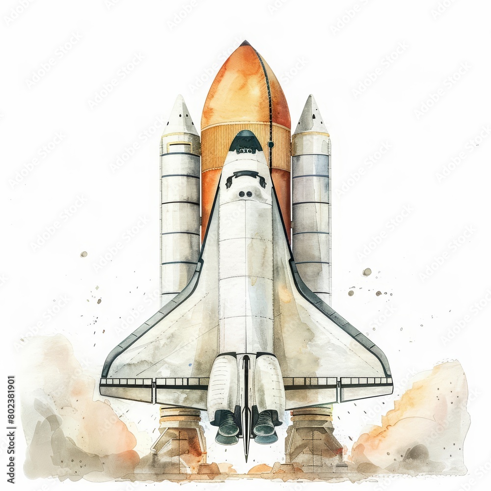 Naklejka premium A simple watercolor scene illustrates an interplanetary shuttle station, shuttles ready to depart for Mars, Clipart minimal watercolor isolated on white background