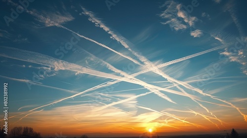 a sunset with contrails in the sky photo