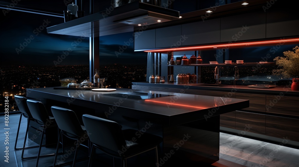 a kitchen with a large counter and a bar with chairs around it at night time with city lights in the background..