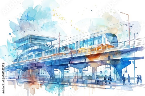 A simple watercolor scene of a futuristic transportation hub, with multilevel train and bus stations seamlessly integrated, Clipart minimal watercolor isolated on white background photo