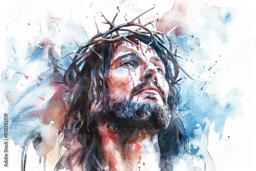 Artistic watercolor of Jesus with the crown of thorns focusing on the symbol of sacrifice and redemption