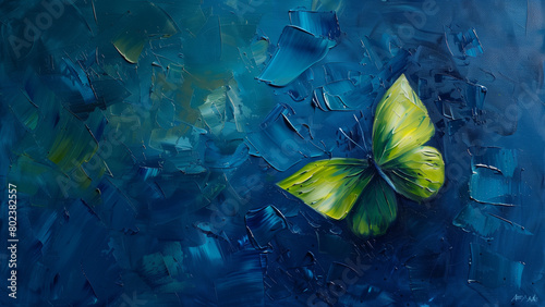 Nature’s Contrast: Green Butterfly on Deep Blue Oil Painting photo