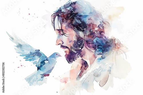 Watercolor portrait of Jesus with a dove symbolizing peace and the Holy Spirit