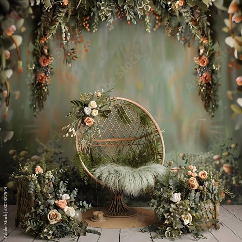 Green floral Chair Newborn Digital Backdrop Photography, empty room, front view,