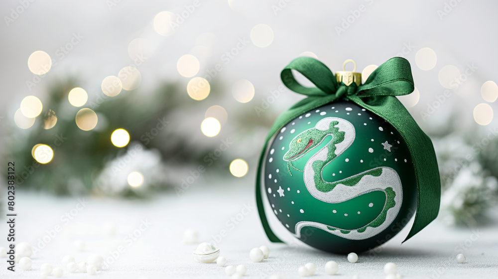 Large Christmas Ball with Bow and Green Snake Image on White Background with Bokeh Lights with Copy Space Large Christmas Ball with Bow and Green Snake Image on White Background with Bokeh Lights with Copy Space