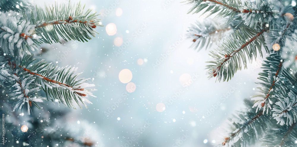 Frosty Pine Branches, Winter Wonderland with Sparkling Bokeh, Festive Winter Scene with Copy Space