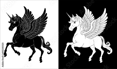 Unicorn Pegasus horse with wings and horn cartoon mythological animal from Greek myth illustration photo